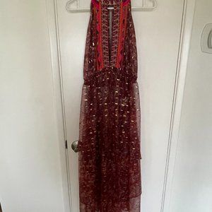NWOT Free People Semi Sheer Wine Color Gold Metallic Dress Size M
